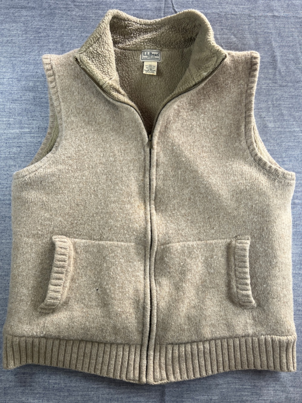 LL Bean Large Lambs Wool Warm Sherpa Outdoor Cozy Tan Cream Vest Zip Preppy READ